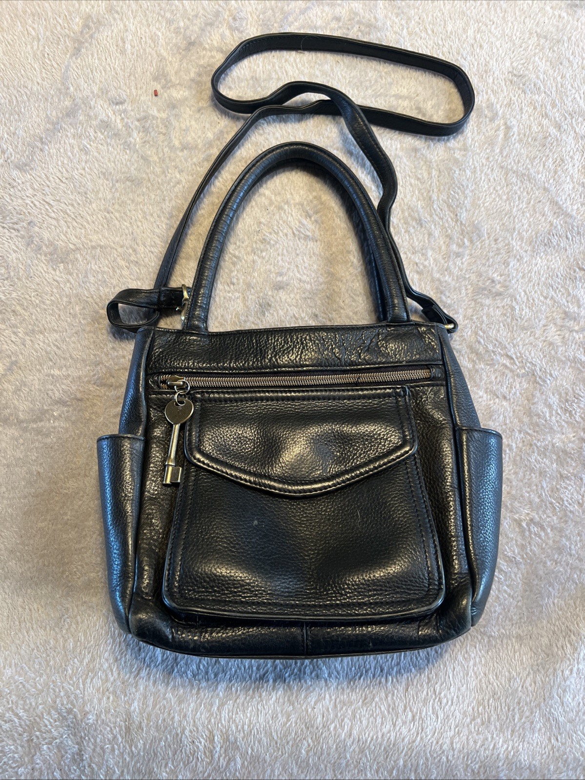 VTG Fossil Black Pebbled Leather Crossbody Shoulder Bag 75082 Authentic
