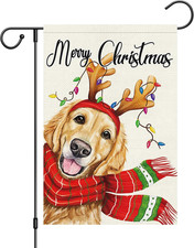 Merry Christmas Garden Flag 12X18 Double Sided, Burlap Welcome Winter Golden Ret