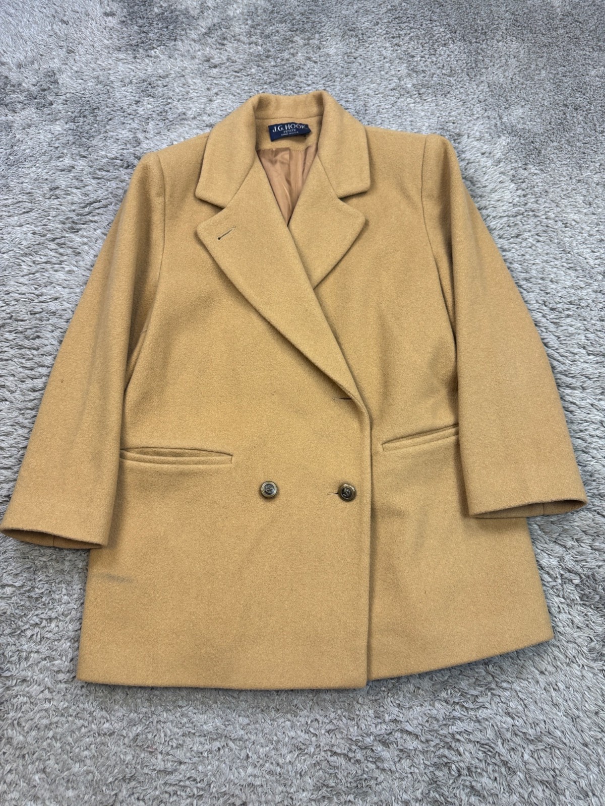 JG Hook Jacket Women 10 Petite Tan Wool Tweed Double Breasted Pea Coat Vtg USA