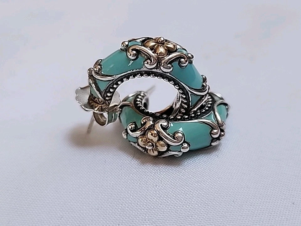 Barbara Bixby Floral Turquoise Enamel 18k 925 Hoop Earrings (20) - Image 2 of 4