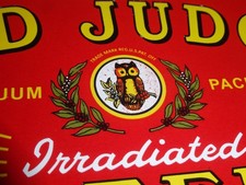 VINTAGE OLD JUDGE COFFEE CAN +OWL 7 3/4" PORCELAIN METAL SODA, GASOLINE OIL SIGN