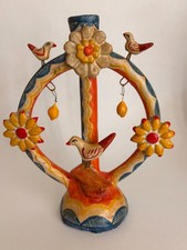 Vintage Mexican Folk Art Pottery - Tree of Life Bird Candelabra Candle Holder