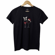 J Crew Women Collector Wine Glass Christmas Graphic T Shirt Size S Black Holiday