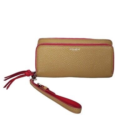 New Coach Bleecker Edgepaint Double Zip Leather Wallet Camel/Pink RUBY NWOT