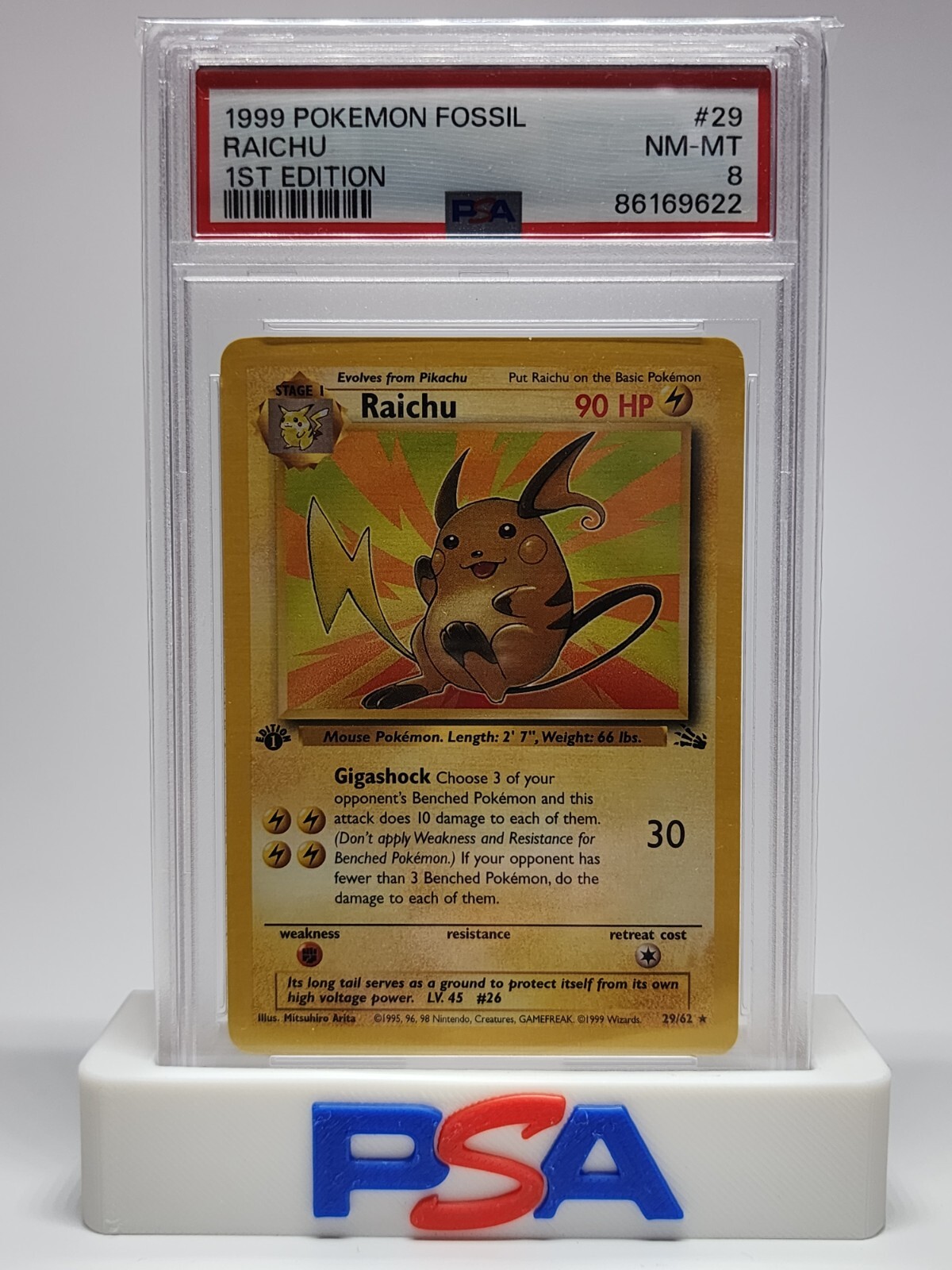 1999 Pokemon Fossil 1st First Edition Raichu 29/62 Non Holo PSA 8 NM-MT