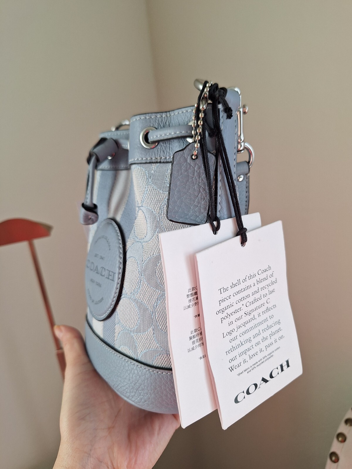 NWT Coach Mini Dempsey Signature Jacquard with Stripe and Patch Bucket Bag Blue image 5