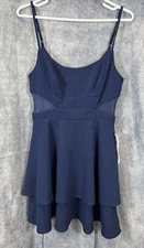 B. Darlin Size 9/10 Navy Layered Shift Dress Vented Sides Adjustable Strap Zip 