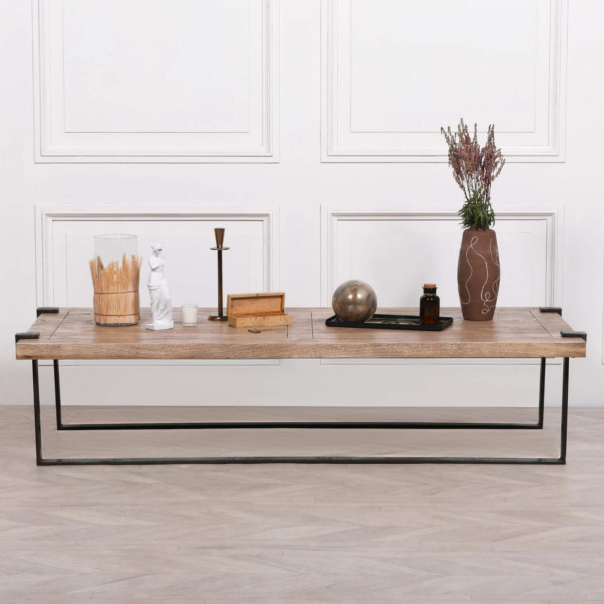 INDUSTRIAL WROUGHT IRON COFFEE TABLE WITH RUSTIC WOOD TOP