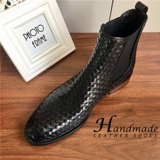 British Men's Leather Woven Business Formal High Top Shoes Chelsea Leather Boots