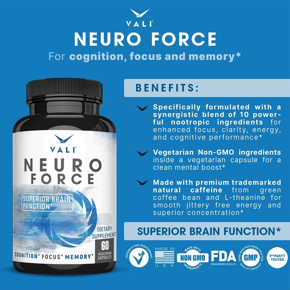 Suplemento de refuerzo cerebral VALI Neuro Force para enfoque, memoria, claridad y energía. E Foto 3 de 4