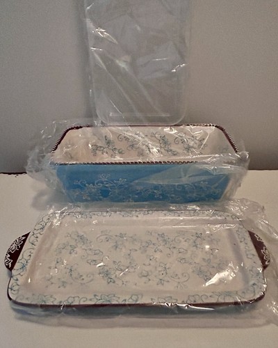 Temptations by Tara Blue Floral Lace 1qt Loaf Dish with Lid Baking Tray New - Picture 11 of 14