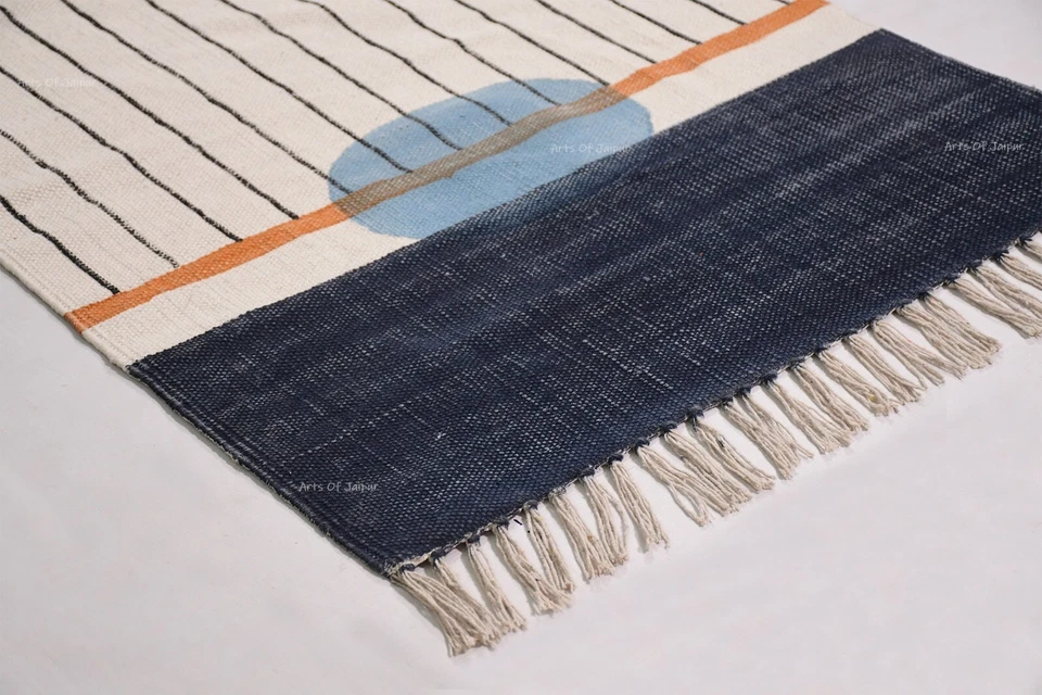 Blue Stripes Cotton Area Rug, Indian Home Decorative Geometric Pattern Dhurries - Image 3 of 4