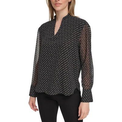 Calvin Klein Womens Black Logo Split Neck Shirt Blouse Top M BHFO 8531