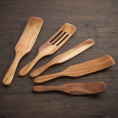 5Pcs Teak Wood Utensils Spatula Spurtle Set Wooden Spoons Kitchen Cooking Tools