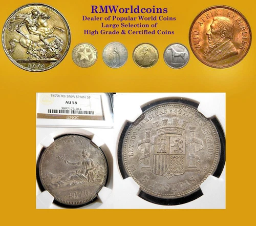 Spain 1870 5 Pesetas, Rare High Grade, NGC 58++, Full Head, Original, Few Graded