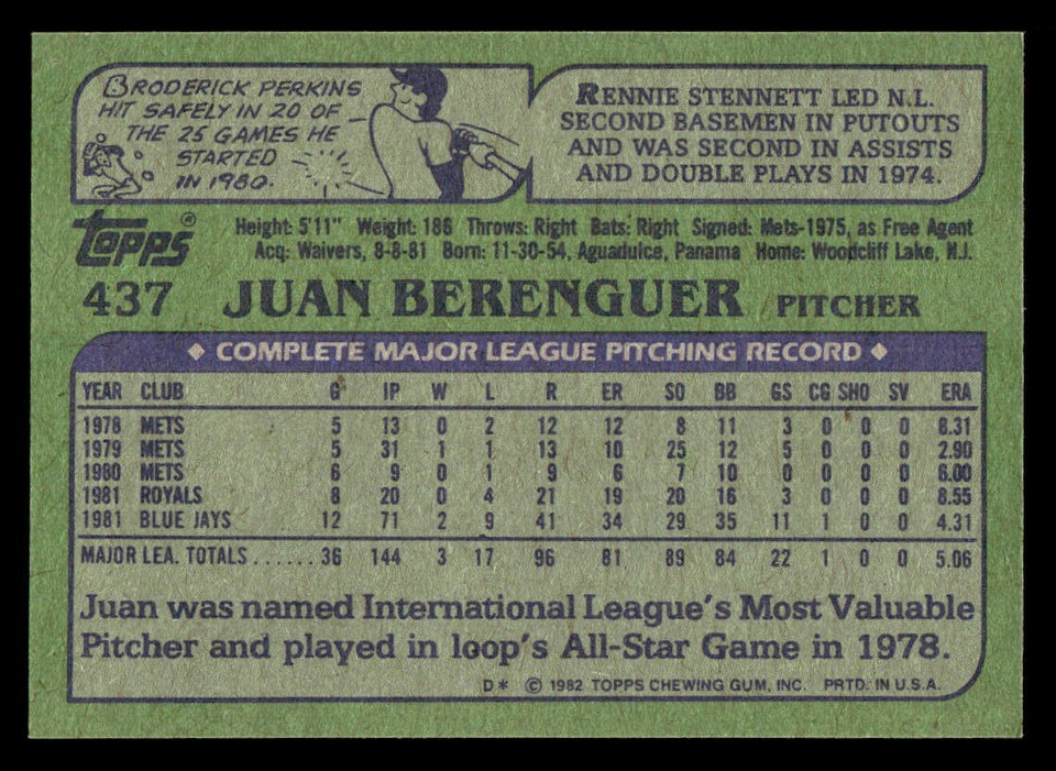 1982 Topps 437 Juan Berenguer Card Toronto Blue Jays eBay