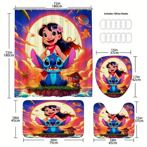 Lio & Stitch Four-Piece Bathroom Set: Shower Curtain, Mat, Toilet Seat Cover