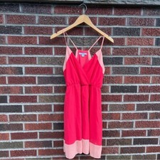 Papaya Coral Pink and Light Pink Color Block Surplice Spaghetti Strap Mini Dress