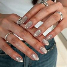 Cat Eye Press On Nails Short - Grey Press On Nails Oval, 30 Pcs 15 Sizes Spar...