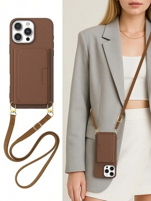 Brown Cardholder Phone Case With Adjustable Lanyard For iPhone 16 Pro Max