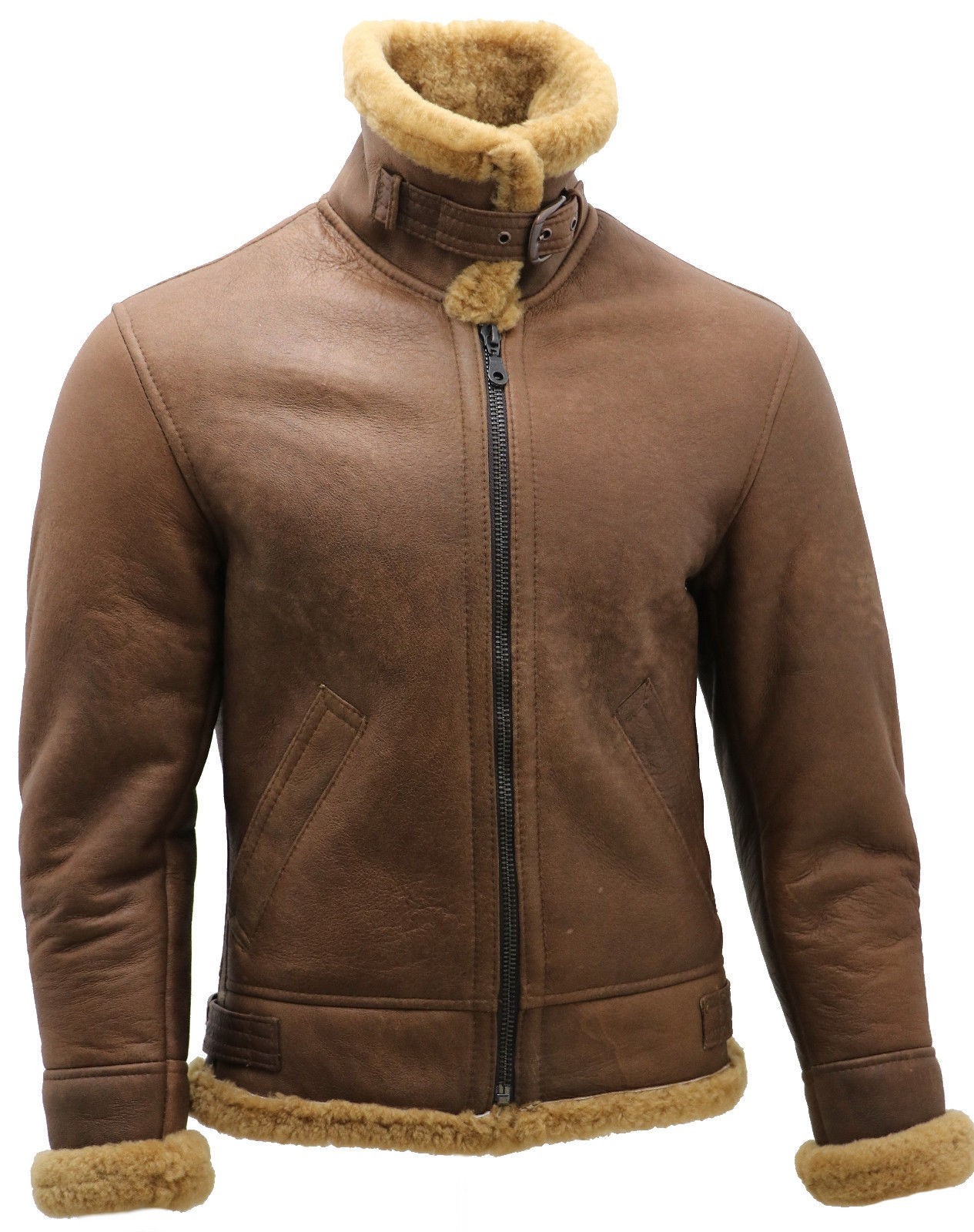 B3 Brown Mens Bomber RAF Flying Aviator Fur Irvin Real Shearling Leather Jacket image 3