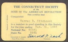 Connecticut Society Sons of the American Revolution membership card 1958