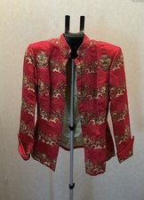 Vintage-Chinese Natural Silk Red  Gold Fitted Flared Dress Jacket Size SM