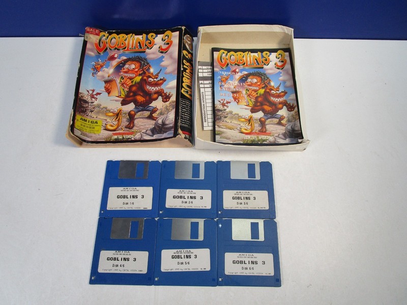 vintage COMMODORE AMIGA GOBLINS 3 DISK VIDEO GAME box A500 A1200