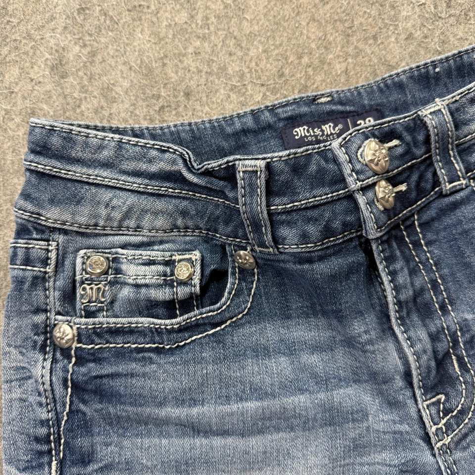 Miss Me Denim Curvy Shorts Women 29 Blue 3.5" Stretch Studded Stars Thick Stitch - Image 2 of 4
