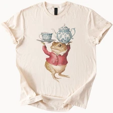 Toad in Red Jacket Tea Party Shirt Frog Holding Teapot Whimsical Animal Art