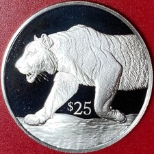 1993 BRITISH VIRGIN ISLANDS $25 PROOF .64 OZ SILVER TIGER STALKING WILDLIFE CAT