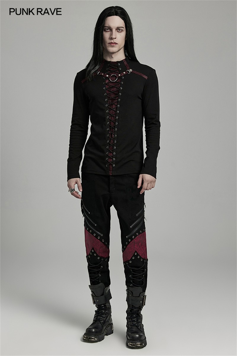 PUNK RAVE Black And Red Gothic Punk Mesh Splicing Long Sleeve Men