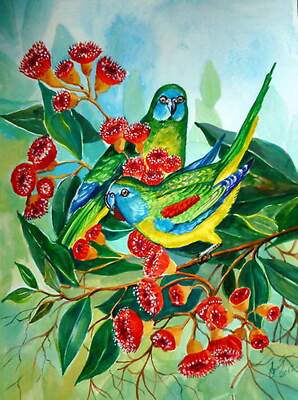 H.Schmidt Vögel*Farbenprächtig*baum tv früchte birds blumen Aquarell 32x24 cm
