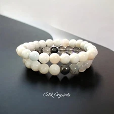 White Opal Crystal Bracelet Stack With Quartz, Labradorite, Black Strawberry...