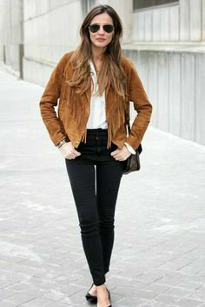 Fringe Leather Jacket Women Brown Suede Biker Moto Custom