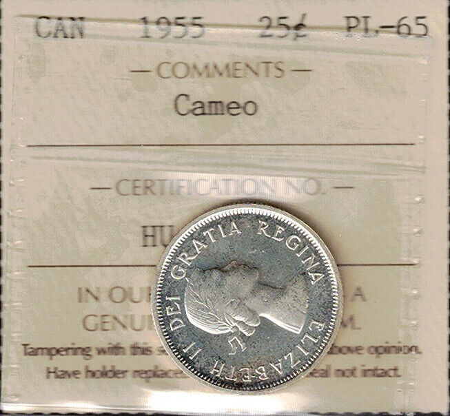 1955 Twenty-Five Cents ICCS GEM PL-65 CAMEO ** Beauty QEII Canada Silver Quarter