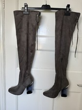 Missguided Grey Faux Suede Over The Knee Boots with Clear Block Heel Size UK 3