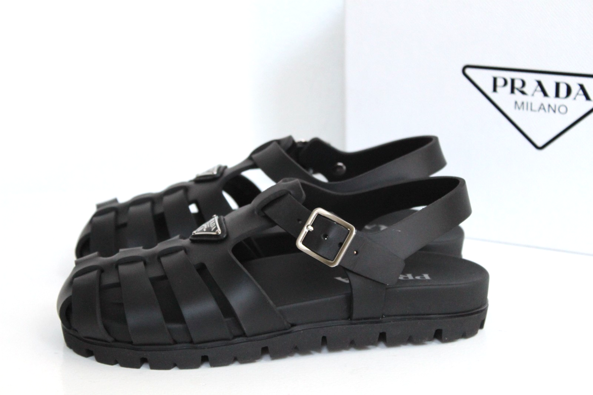 sz 8.5 / 39 PRADA Black Cage Sandal Triangle Logo Womens Shoes | eBay