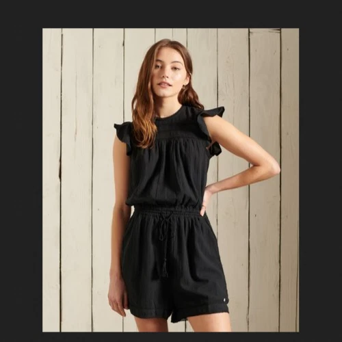 Superdry 女式 Maisie 蕾丝连身裤黑色飘动袖镂空连身裤 S US 6 — 第 2/4 张图片