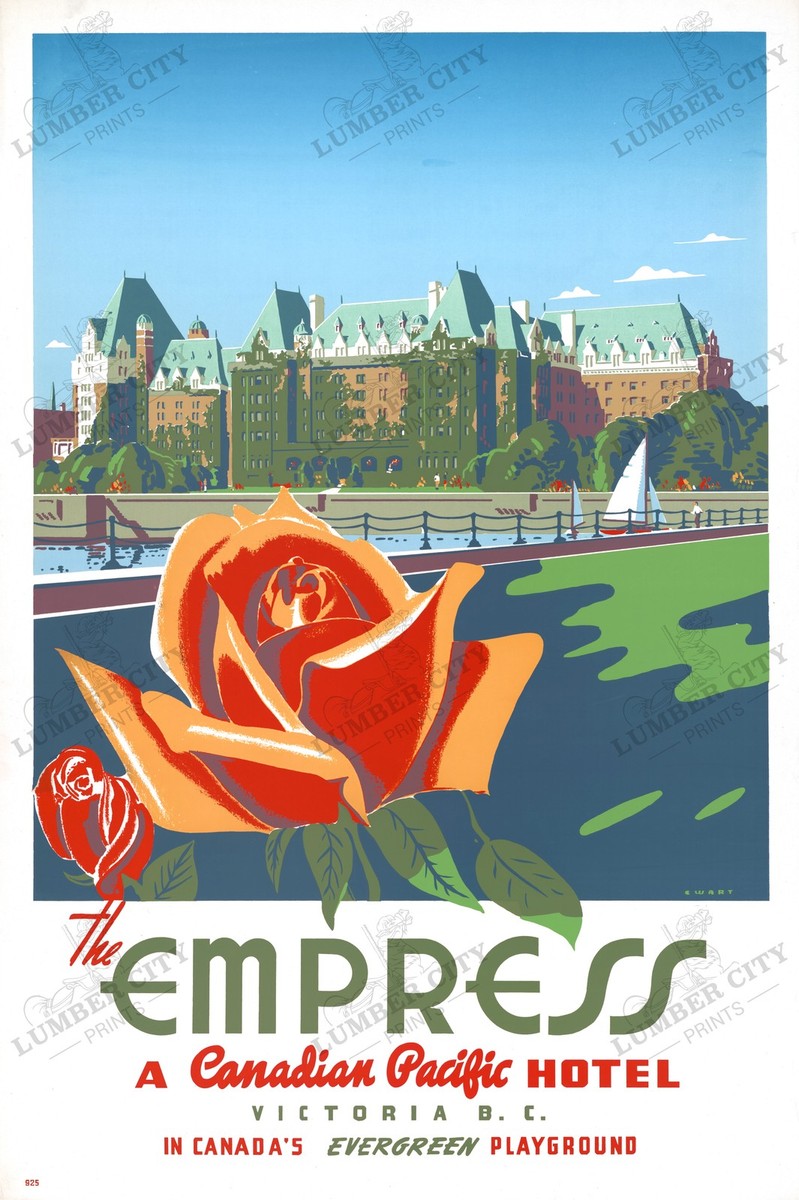 Empress Hotel Victoria BC 1950s Canadian Pacific Travel Poster Art
