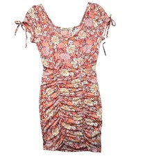 Liberty Love Floral Ruched Bodycon Mini Dress Tie Sleeve Boho Sz S Red Pink NEW