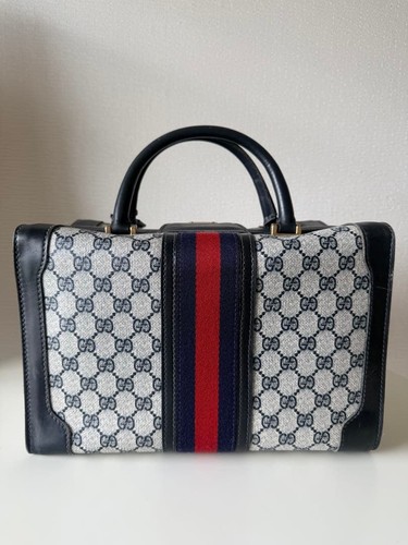 GUCCI GG Sherry Line Mini Boston Hand Bag Padlock Leather PVC Beige Black Japan