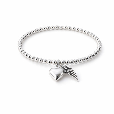 Versilberte Perlen mit Herz mit Winkel Flügel Charm Stretch Perlen Armband,