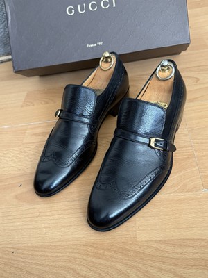 Gucci Monk Signature Schwarz Leder Herren Brogue Schuhe Uk 7, Hergestellt in Italien