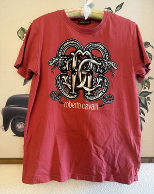 Roberto Cavalli Men s Red Snake Logo Graphic Print Crew Neck T-Shirt Sz M