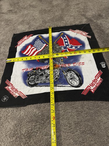 Black vintage Harley Davidson bandana with white “The Breed Never Dies” text, red, white, and blue American flag design.