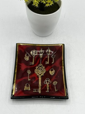 Georges Briard Style Ruby Red Gold Skeleton Keys Locks Glass Dish Ashtray MCM