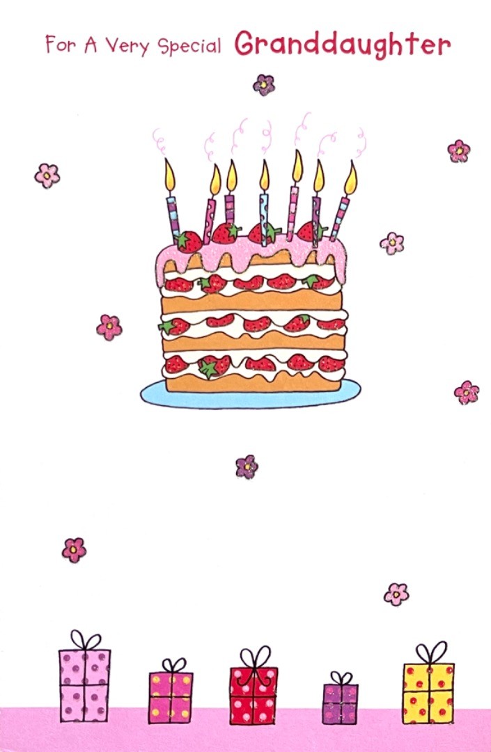 Very Special Granddaughter Birthday Card Strawberry Cake Candles Gifts Glitter