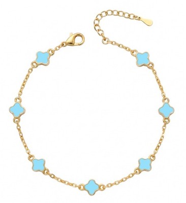 Billet-doux 14K Gold Plated Tiny Clovers Bracelet For Women, Very 6.5'', Teal