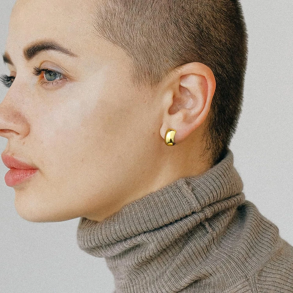 Gold Huggie Hoops: Small 14K Gold Plated Thick Chunky Hypoallergenic Earrings Je - Image 3 of 4